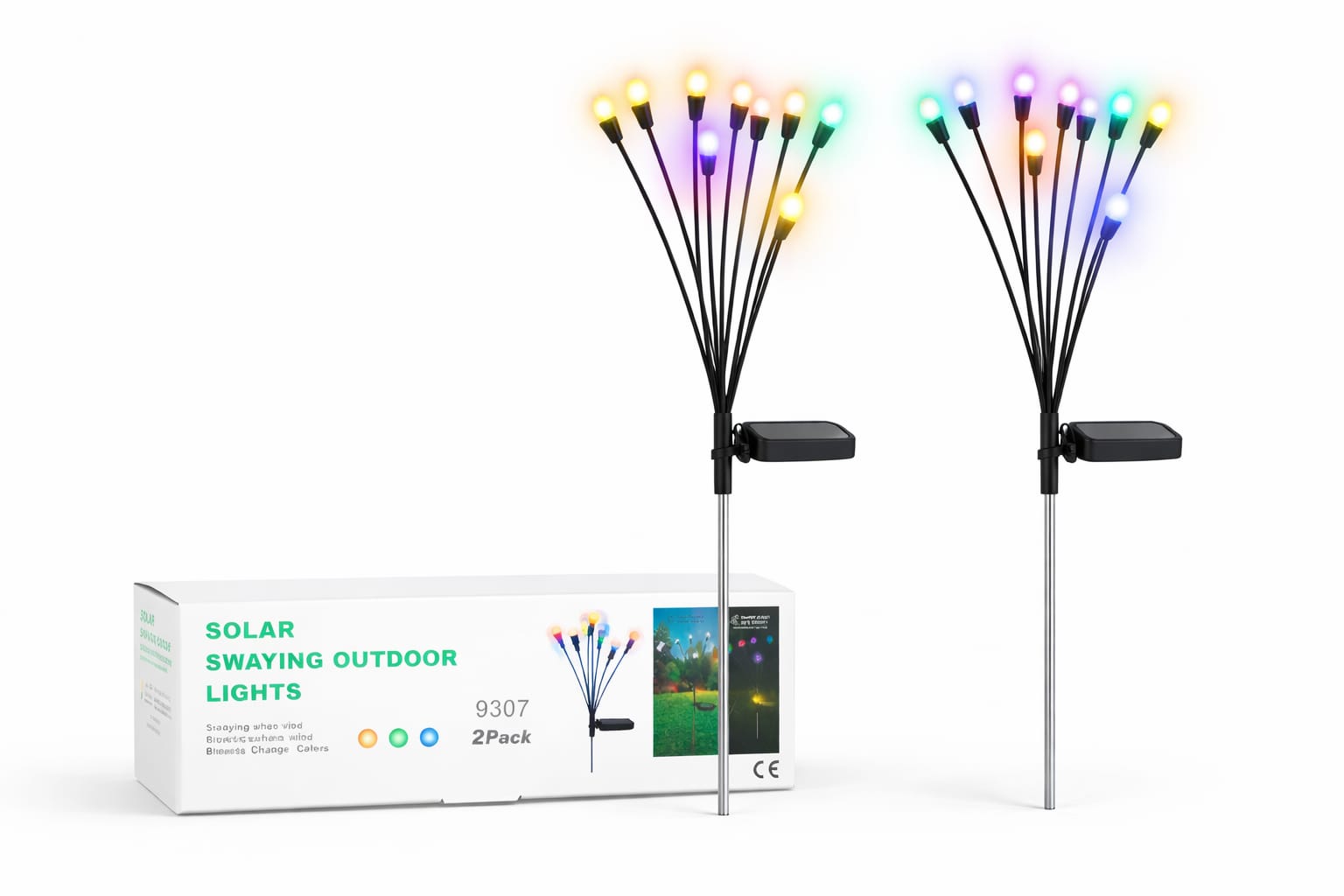 Solare Outdoor-Dekoleuchten mit schwingenden RGB-Lichtpunkten im 2er-Set